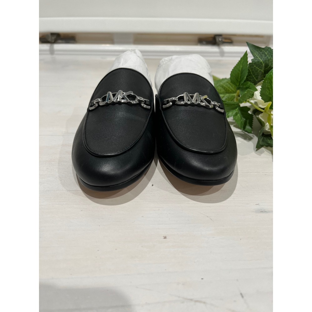 NEW Michael Kors Black Leather Mules Slides Loafers Size 6M Silver MK Chain - Picture 2 of 7
